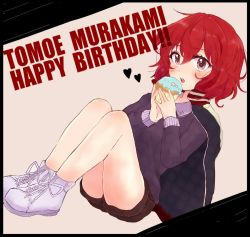 Rule 34 | 1girl, bad id, bad twitter id, birthday, blush, brown eyes, character name, commentary request, cupcake, food, full body, happy birthday, heart, idolmaster, idolmaster cinderella girls, jacket, jacket on shoulders, looking at viewer, murakami tomoe, nigella (nigellaneige), open mouth, red hair, shoes, short hair, short shorts, shorts, sitting, sneakers, solo, sweater