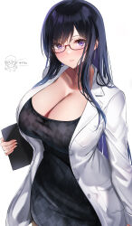 Rule 34 | 1girl, black dress, black hair, blush, breasts, chibi, chibi inset, cleavage, clipboard, closed mouth, coat, doctor, dress, glasses, highres, lab coat, large breasts, long hair, looking at viewer, open clothes, open coat, original, purple eyes, puru (ex-150), red-framed eyewear, semi-rimless eyewear, simple background, smile, solo, unbuttoned, under-rim eyewear, very long hair, white background