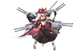 Rule 34 | 1girl, animal ears, azur lane, black skirt, blush, breasts, cleavage, closed mouth, collarbone, fox ears, full body, highres, holding, holding weapon, ise (azur lane), kisetsu, large breasts, looking at viewer, naginata, navel, polearm, ponytail, red eyes, red hair, remodel (azur lane), sandals, short hair, short ponytail, skirt, smile, socks, solo, standing, transparent background, weapon, white socks