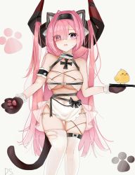 Rule 34 | 1girl, alternate costume, animal ears, animal hands, artist name, azur lane, bad id, bad pixiv id, bare shoulders, black hairband, blush, breasts, cat ears, cat paws, chinese commentary, cleavage, collarbone, fake animal ears, feet out of frame, gloves, hair between eyes, hairband, highres, holding, holding tray, horns, long hair, looking at viewer, manjuu (azur lane), medium breasts, open mouth, paw gloves, paw print, paw print soles, pink eyes, pink hair, prinz rupprecht (azur lane), solo, standing, sweatdrop, thighhighs, thighs, torn clothes, torn thighhighs, tray, very long hair, white thighhighs, winter eclipse
