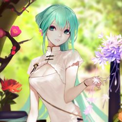 Rule 34 | 1girl, alternate costume, alternate hairstyle, blue eyes, blue hair, breasts, china dress, chinese clothes, cleavage, cleavage cutout, clothing cutout, dress, erotipop, flower, hatsune miku, long hair, looking to the side, medium breasts, parted lips, shaohua hatsune miku, solo, very long hair, vocaloid
