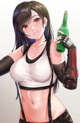 Rule 34 | 1girl, absurdres, black hair, breasts, commentary, crop top, elbow gloves, final fantasy, final fantasy vii, final fantasy vii remake, fingerless gloves, gloves, highres, long hair, looking at viewer, midriff, navel, rama (yu-light8), simple background, skirt, smile, solo, sports bra, square enix, suspender skirt, suspenders, swept bangs, tank top, tifa lockhart