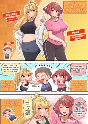 Rule 34 | 1boy, 2girls, absurdres, blonde hair, breasts, chest jewel, chibi, comic, english text, highres, large breasts, long hair, multiple girls, mythra (xenoblade), osora (judithandlilith), pyra (xenoblade), red eyes, red hair, rex (xenoblade), short hair, swept bangs, very long hair, xenoblade chronicles (series), xenoblade chronicles 2, yellow eyes