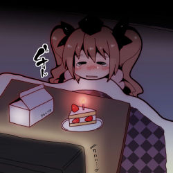 Rule 34 | 1girl, blush, brown hair, cake, cake slice, candle, christmas, dark, darkness, closed eyes, female focus, food, fruit, gyo, hair ribbon, hat, himekaidou hatate, kotatsu, lonely, plate, ribbon, solo, strawberry, strawberry shortcake, table, tears, television, touhou, twintails, watching television, wavy mouth