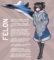 Rule 34 | 1girl, absurdres, aircraft, airplane, black hair, black socks, boots, coat, english text, fighter jet, full body, fur-trimmed coat, fur trim, hair ornament, hands in pockets, highres, jet, looking at viewer, medium hair, military, military vehicle, open mouth, original, pandramodo, red eyes, socks, solo, standing, su-57, teeth, twitter username
