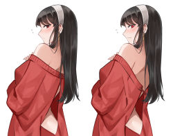 Rule 34 | 1girl, absurdres, aihara (aiharaorenji), back cutout, backless dress, backless outfit, bare shoulders, black hair, blush, breasts, clothing cutout, dress, earrings, from side, hair down, hairband, highres, jewelry, long hair, looking at viewer, off shoulder dress, red dress, red eyes, red sweater, simple background, solo, spy x family, surprised, sweater, white background, wide-eyed, yor briar