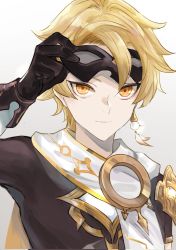 Rule 34 | 1boy, aether (genshin impact), black gloves, blonde hair, closed mouth, earrings, genshin impact, gloves, highres, jewelry, looking at viewer, male focus, mask, penyo1989, simple background, solo, white background, yellow eyes