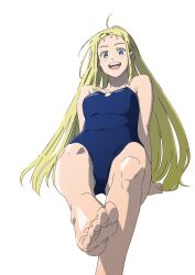 Rule 34 | 1girl, :d, ahoge, arm support, barefoot, blonde hair, blue eyes, blue one-piece swimsuit, breasts, colored eyelashes, commentary request, eyelashes, feet, happy, highres, invisible chair, jinou rakugaki, knees, kofune ushio, long hair, looking down, one-piece swimsuit, open mouth, simple background, sitting, smile, soles, solo, summertime render, swimsuit, teeth, toes, tongue, upper teeth only, white background