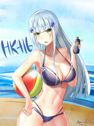 Rule 34 | 1girl, absurdres, airbo, alternate costume, armpits, ball, bare shoulders, beach, beachball, bikini, blue sky, blunt bangs, blush, bottle, breasts, cameltoe, character name, cleavage, clothes writing, cloud, collarbone, dated, day, front-tie bikini top, front-tie top, girls&#039; frontline, gluteal fold, green eyes, groin, hair ornament, head tilt, highres, hk416 (girls&#039; frontline), holding, holding bottle, long hair, looking at viewer, lotion, medium breasts, navel, ocean, open mouth, outdoors, sand, signature, silver hair, sky, solo, stomach, sunscreen, swimsuit, teardrop, thighs