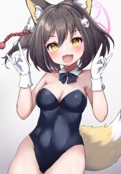 Rule 34 | 1girl, animal ear fluff, animal ears, arms up, bare shoulders, black leotard, blue archive, blush, bow, bowtie, breasts, brown eyes, brown hair, cleavage, covered navel, detached collar, double fox shadow puppet, fang, fox ears, fox girl, fox shadow puppet, fox tail, gloves, grey background, hair ornament, hairclip, halo, highres, hoshino (s22), izuna (blue archive), leotard, looking at viewer, medium breasts, one side up, open mouth, playboy bunny, shadow puppet, short hair, simple background, smile, solo, strapless, strapless leotard, tail, thighs, white gloves