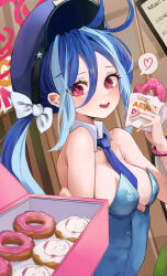 Rule 34 | 1girl, :d, absurdres, alternate costume, doodle sensei (blue archive), bare shoulders, blue archive, blue hair, bow, breasts, bubble99, cameo, cleavage, commentary request, cuffs, detached collar, doughnut, food, fubuki (blue archive), giving, hair between eyes, hair bow, hair ribbon, halo, handcuffs, hat, heart, highres, holding, holding food, leotard, long hair, looking at viewer, medium breasts, multicolored hair, necktie, open mouth, pastry box, peaked cap, playboy bunny, reaching, reaching towards viewer, red eyes, ribbon, sensei (blue archive), sidelocks, sleeveless, smile, solo, spoken heart, strapless, strapless leotard, streaked hair, twintails, two-tone hair