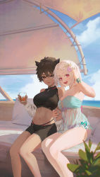 Rule 34 | 2girls, absurdres, adjusting hair, albino, animal ears, bad id, bad pixiv id, bikini, black bikini, blue bikini, blue nails, blurry, blurry foreground, borrowed character, breasts, brown eyes, brown hair, cirilla lin, cleavage, cloud, colored eyelashes, commentary request, couple, cup, dark-skinned female, dark skin, day, depth of field, earrings, feet out of frame, flower, hair between eyes, hair flower, hair ornament, halterneck, hand up, highres, holding, holding cup, interracial, jewelry, legs together, medium breasts, micchan (ohisashiburi), multiple girls, nacchan (ohisashiburi), nail polish, navel, off shoulder, open clothes, open mouth, open shirt, original, outdoors, pillow, plant, purple flower, red eyes, see-through, shirt, short hair, sitting, slit pupils, smile, sports bikini, stomach, swimsuit, tsurime, white hair, white shirt, yuri, zipper pull tab