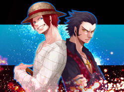Rule 34 | 2boys, aged down, back-to-back, black hair, dracule mihawk, hat, multiple boys, one piece, red hair, shanks (one piece), shirt, smile, straw hat, striped clothes, striped shirt, yellow eyes