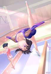 Rule 34 | 2020, 2girls, absurdres, ass, athletic leotard, backflip, balance beam, black hair, blue eyes, breasts, commentary request, dated, from behind, full body, gym, gymnastics, hair bun, highres, himenogi rinze, himeragi rinze, indoors, jumping, leaning back, leg up, legs, leotard, long hair, looking back, midair, multiple girls, open mouth, outstretched arms, outstretched leg, pink leotard, purple eyes, purple leotard, reco love, reco love gold beach, shoes, single hair bun, small breasts, soles, somersault, suika blue, thighs, towel, white footwear, wiping face