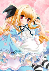 Rule 34 | 1girl, alice (alice in wonderland), alice (alice in wonderland) (cosplay), alice in wonderland, blonde hair, cosplay, dress, fate testarossa, female focus, long hair, lyrical nanoha, mahou shoujo lyrical nanoha, oreiro, red eyes, solo, striped clothes, striped thighhighs, thighhighs, twintails