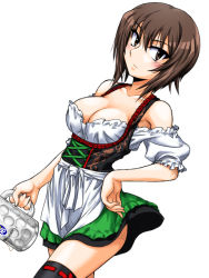 Rule 34 | 10s, 1girl, alternate costume, apron, beer mug, black thighhighs, blush, breasts, brown eyes, brown hair, cleavage, commentary request, cup, dirndl, dress, dutch angle, german clothes, girls und panzer, looking at viewer, mug, nishizumi maho, oktoberfest, oosaka kanagawa, short dress, short hair, solo, standing, thighhighs, underbust, waist apron, white background, wind, wind lift, zettai ryouiki