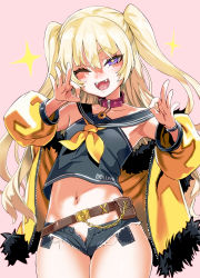 Rule 34 | + +, 1girl, armpits, asanagi, azur lane, bache (azur lane), bare shoulders, bell, belt, black sailor collar, blonde hair, blue eyes, blue shorts, blush, breasts, chain, clothes writing, collar, collarbone, commentary, denim, denim shorts, fangs, fellatio gesture, fur trim, hair between eyes, highres, jacket, long hair, looking at viewer, micro shorts, midriff, naughty face, navel, neck bell, neckerchief, one eye closed, open clothes, open fly, open mouth, open shorts, pink collar, purple eyes, red collar, red neckerchief, sailor collar, sexually suggestive, shirt, short shorts, shorts, sleeveless, sleeveless shirt, small breasts, smile, solo, standing, symbol-only commentary, symbol-shaped pupils, tsurime, two side up, unzipped
