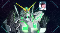 Rule 34 | 1boy, banagher links, brown hair, commentary, english commentary, full armor unicorn gundam, glowing, glowing eyes, gundam, gundam unicorn, helmet, highres, holographic monitor, jacy, looking at viewer, mecha, meme, mrbeast, nt-d, open mouth, parody, robot, smile, space, spacesuit, star (sky), unicorn gundam, v-fin, viewfinder