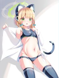 Rule 34 | 1girl, absurdres, animal ear headphones, black thighhighs, blonde hair, blue archive, blush, breasts, cat ear headphones, collarbone, fake animal ears, hair ribbon, halo, headphones, highres, looking at viewer, midori (blue archive), navel, ogamaru, open mouth, ribbon, short hair, simple background, small breasts, solo, thighhighs, underwear, undressing, white background