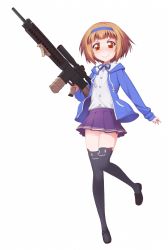 Rule 34 | 1girl, black thighhighs, brown eyes, brown hair, bullet girls, bullet girls 2, full body, gun, hairband, highres, holding, holding gun, holding weapon, jacket, konoe kirino, loafers, long sleeves, looking at viewer, official art, open clothes, open jacket, pleated skirt, shoes, simple background, skirt, smile, solo, thighhighs, trigger discipline, weapon, white background