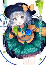 Rule 34 | 1girl, alternate eye color, alternate hair color, bent over, black hat, blue eyes, blush, bow, breasts, buttons, collared shirt, commentary request, diamond button, floral print, food, frilled shirt collar, frilled skirt, frilled sleeves, frills, fruit, grapes, green skirt, grey hair, hat, hat bow, hat ribbon, heart, heart of string, koishi day, komeiji koishi, long sleeves, looking at viewer, medium breasts, ribbon, rose print, sakizaki saki-p, shirt, simple background, skirt, solo, sparkle, standing, third eye, touhou, white background, wide sleeves, wing collar, yellow bow, yellow ribbon, yellow skirt
