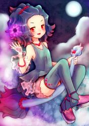 Rule 34 | 1girl, armpits, blue hair, breasts, collar, collarbone, creatures (company), flying, game freak, gen 2 pokemon, hair bobbles, hair ornament, highres, hip focus, jewelry, knees, legs, miniskirt, misdreavus, multicolored hair, necklace, night, nintendo, personification, pink hair, pokemon, purple hair, red eyes, shoes, short hair, skirt, small breasts, smile, solo, two-tone hair
