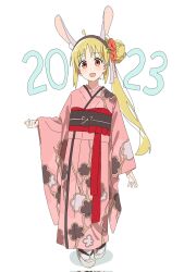 Rule 34 | 1girl, 2023, alternate costume, animal ear hairband, animal ears, black hairband, black sash, blonde hair, bocchi the rock!, bow, brown footwear, chinese zodiac, clenched hand, commentary request, dot nose, fake animal ears, floral print, flower, full body, hair bun, hair flower, hair ornament, hair ribbon, hairband, happy, highres, ijichi nijika, japanese clothes, kimono, korean commentary, light blush, long hair, long sleeves, obi, okobo, open mouth, orange flower, outstretched hand, pink kimono, rabbit ear hairband, rabbit ears, red bow, red eyes, ribbon, sandals, sash, shadow, side ponytail, single side bun, smile, socks, solo, standing, tabi, to9 722, very long hair, waist bow, waist ribbon, white background, white ribbon, white socks, wide sleeves, year of the rabbit, yukata