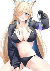 Rule 34 | 1girl, absurdres, animal ears, bikini, black bikini, black gloves, black jacket, blonde hair, blue archive, blue eyes, blush, breasts, commentary request, cuffs, gloves, handcuffs, highres, holding, holding handcuffs, jacket, kanna (blue archive), large breasts, long hair, long sleeves, looking at viewer, navel, open clothes, open jacket, open mouth, sharp teeth, simple background, sitting, solo, stomach, swimsuit, teeth, thighs, very long hair, white background, yahan (mctr5253)
