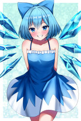 Rule 34 | 1girl, arms behind back, blue bow, blue dress, blue eyes, blue hair, blush, bow, cirno, collarbone, cowboy shot, detached wings, dress, fairy, grin, hair between eyes, hair bow, highres, ice, ice wings, looking at viewer, mattyakinako (odango imomushi), short hair, sleeveless, sleeveless dress, smile, solo, touhou, wings