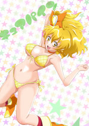 Rule 34 | 1girl, :d, bikini, blonde hair, boots, breasts, choker, commentary request, cure pine, eyelashes, fresh precure!, frills, hair ornament, happy, high heel boots, high heels, highres, looking at viewer, magical girl, medium breasts, medium hair, navel, open mouth, precure, pururun z, side ponytail, smile, solo, swimsuit, wrist cuffs, yamabuki inori, yellow bikini, yellow eyes, yellow footwear