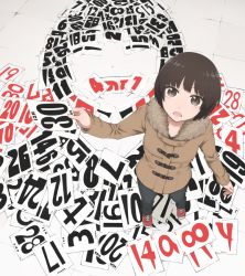 Rule 34 | 1girl, black hair, brown eyes, calendar (object), coat, denim, face, from above, full body, jeans, looking at viewer, open mouth, original, pants, shoes, short hair, smile, sneakers, solo, yajirushi (chanoma)