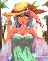 Rule 34 | 1girl, artist name, bad id, bad pixiv id, bare shoulders, blue eyes, bracelet, breasts, choker, crying, dated, day, dress, earrings, flower, frileld dress, green dress, hair between eyes, hat, hat flower, highres, jewelry, large breasts, lips, long hair, looking at viewer, multicolored eyes, necklace, original, outdoors, parted lips, red flower, scrunchie, solo, straw hat, sun hat, sundress, tan, tears, upper body, veil, white choker, white flower, wrist scrunchie, yellow eyes, yoruhasu gekkei