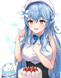 Rule 34 | 1girl, bear, beret, blue hair, blush, brown eyes, bustier, cake, corset, daifuku (yukihana lamy), flower, food, fruit, hair flower, hair ornament, half updo, hand on own chest, hand up, hat, hololive, long hair, mikoto paint, open mouth, plaid neckwear, pointy ears, shirt, smile, snowflake background, snowflake hair ornament, solo, strawberry, very long hair, virtual youtuber, white background, white shirt, yukihana lamy