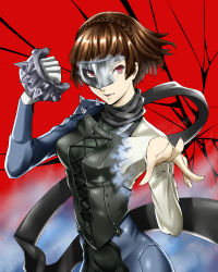 Rule 34 | 10s, 1girl, biker clothes, bikesuit, black scarf, blouse, blunt bangs, bodysuit, braid, brown hair, crown braid, floating hair, gloves, highres, holding, holding weapon, kamui sathi, looking at viewer, mask, niijima makoto, persona, persona 5, red background, red eyes, scarf, shirt, short hair, simple background, solo, transforming clothes, weapon, white gloves, white shirt