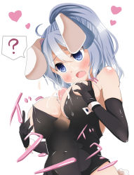 Rule 34 | 1boy, 1girl, ?, animal ears, bare shoulders, blue eyes, blush, grabbing another&#039;s breast, breasts, cleavage, covered navel, elbow gloves, fang, gloves, grabbing, heart, hetero, highres, huge breasts, leotard, long hair, mononobe no futo, nekoro (nekokabuto), open mouth, paizuri, penis, playboy bunny, ponytail, rabbit ears, simple background, solo focus, spoken question mark, touhou, uncensored, white hair