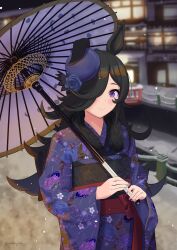 Rule 34 | 1girl, absurdres, alternate costume, blue flower, blue hat, blue rose, brown hair, floral print, flower, hair over one eye, hat, hat flower, highres, holding, holding umbrella, horse girl, japanese clothes, kimono, long hair, looking at viewer, oil-paper umbrella, purple eyes, purple kimono, rice shower (umamusume), rose, smile, solo, tilted headwear, twitter username, umamusume, umbrella, upper body, yukke jan