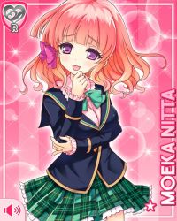 Rule 34 | 1girl, blue jacket, bow, character name, girlfriend (kari), green bow, holding elbow, jacket, nitta moeka, official art, open mouth, pink background, pink bow, pink hair, plaid, plaid skirt, pointing, pointing at self, purple eyes, qp:flapper, school uniform, shirt, short hair, skirt, smile, solo, tagme, white shirt