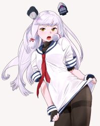 Rule 34 | 10s, 1girl, :o, black gloves, black pantyhose, brown eyes, clothes lift, dress, dress lift, fingerless gloves, gloves, grey background, hair ribbon, headgear, kantai collection, lifted by self, long hair, murakumo (kancolle), ojipon, open mouth, panties, panties under pantyhose, pantyhose, ribbon, sailor dress, short dress, silver hair, simple background, solo, thighband pantyhose, turtleneck, underwear