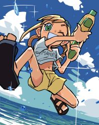 Rule 34 | 1girl, absurdres, asuka momoko, black footwear, blonde hair, blue sky, chieo, cloud, commentary request, crop top, day, full body, green eyes, hair rings, highres, jumping, long hair, looking at viewer, midriff, navel, ocean, ojamajo doremi, one eye closed, open mouth, outdoors, sandals, shirt, short shorts, short sleeves, shorts, sky, smile, solo, sparkle, water, water gun, white shirt, yellow shorts