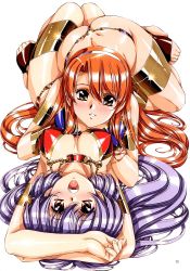Rule 34 | 2girls, armlet, armor, armpits, arms up, ass, asymmetrical bangs, asymmetrical docking, bikini, bikini armor, blue bikini, blush, breast press, breasts, breasts apart, cleavage, crossed arms, dimples of venus, downblouse, girl on top, glint, grin, hair spread out, hairband, highres, large breasts, light purple hair, long hair, lying, multiple girls, on back, on stomach, orange hair, page number, parted bangs, purple hair, red bikini, red eyes, scan, shiny skin, simple background, smile, swimsuit, thighlet, thong, thong bikini, toeless legwear, urushihara satoshi, very long hair, yuri