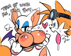 Rule 34 | 1boy, 1girl, breasts, breasts out, english text, furry, heart, large breasts, nipples, rouge the bat, sonic (series), tagme, tails (sonic), watatanza, wings