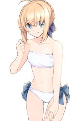 Rule 34 | 1girl, ahoge, artoria pendragon (all), artoria pendragon (fate), bandeau, bare arms, bare shoulders, bikini, blonde hair, blue bow, bow, braid, braided bun, breasts, collarbone, commentary, cowboy shot, fate/grand order, fate (series), green eyes, hair between eyes, hair bow, hair bun, hand on own thigh, hand up, highres, looking at viewer, maru (pixiv51714255), navel, official alternate costume, saber (fate), short hair, side-tie bikini bottom, sidelocks, simple background, small breasts, smile, solo, standing, stomach, strapless, strapless bikini, swimsuit, thighs, tube top, white background, white bikini