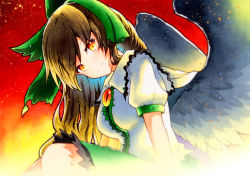 Rule 34 | 1girl, bad id, bad twitter id, bird wings, blurry, bow, breasts, brown hair, closed mouth, depth of field, feathered wings, frilled shirt collar, frills, gradient background, green bow, hair bow, head tilt, highres, knees, light particles, long hair, medium breasts, orange background, orange eyes, puffy short sleeves, puffy sleeves, qqqrinkappp, reiuji utsuho, shirt, short sleeves, simple background, smile, solo, swept bangs, touhou, white shirt, wings