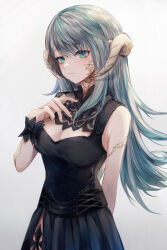 Rule 34 | 1girl, arm behind back, au ra, black dress, blue eyes, blue hair, bracelet, breasts, cleavage, cleavage cutout, clothing cutout, commentary request, dragon girl, dragon horns, dress, final fantasy, final fantasy xiv, hand up, highres, horns, jewelry, long hair, looking at viewer, maho moco, multicolored hair, scales, side slit, simple background, solo, two-tone hair, warrior of light (ff14), white background, white hair, white horns, white scales