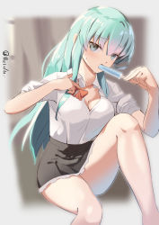 Rule 34 | 1girl, aqua eyes, aqua hair, ascot, blurry, blurry background, breasts, brown skirt, collared shirt, food, food in mouth, grey background, hair ornament, hairclip, highres, holding, holding food, ice cream, kantai collection, long hair, medium breasts, melting, metadio, one-hour drawing challenge, open clothes, open shirt, pleated skirt, popsicle, school uniform, shirt, short sleeves, sitting, skirt, solo, suzuya (kancolle), twitter username, white shirt