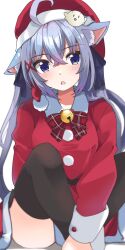 Rule 34 | 1girl, ahoge, animal ears, bell, black ribbon, black thighhighs, bow, bowtie, cat ears, cat girl, cat tail, christmas, collared dress, commentary request, dress, grey hair, hair ribbon, hat, highres, indie virtual youtuber, jingle bell, kohanai shii, long hair, long sleeves, looking at viewer, neck bell, open mouth, plaid, plaid bow, plaid bowtie, purple eyes, red bow, red bowtie, red hat, ribbon, santa dress, santa hat, short dress, simple background, sitting, solo, tail, thighhighs, very long hair, virtual youtuber, white background, zono (inokura syuzo029)