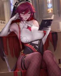 Rule 34 | 1girl, bible (object), book, breasts, cathedral, church, closed eyes, detached sleeves, elbow gloves, fishnet pantyhose, fishnets, genshin impact, gloves, habit, indoors, kittew, large breasts, multicolored clothes, multicolored headwear, pantyhose, purple pantyhose, red hair, rosaria (genshin impact), sitting, solo, two-tone dress, veil, weapon, white gloves