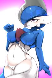Rule 34 | 1girl, alternate color, alternate eye color, ashraely, blue hair, blue skin, blush, breasts, cleft of venus, clenched hand, closed mouth, collarbone, colored skin, cowboy shot, creatures (company), female focus, gallade, game freak, gen 4 pokemon, genderswap, genderswap (mtf), gradient background, grey hair, groin, hair over one eye, half-closed eyes, hand up, highres, large breasts, mohawk, multicolored hair, multicolored skin, navel, nervous, nintendo, no nipples, pink background, pokemon, pokemon (creature), purple eyes, pussy, shiny pokemon, shiny skin, short hair, simple background, solo, standing, stomach, sweat, thick thighs, thighs, two-tone hair, two-tone skin, uncensored, wavy mouth, white background, white skin, wide hips