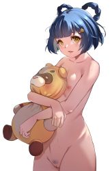 Rule 34 | 1girl, blue hair, blunt bangs, braid, braided hair rings, cleft of venus, colored inner hair, completely nude, female pubic hair, flat chest, genshin impact, guoba (genshin impact), hair ornament, hair rings, hairclip, highres, holding, holding stuffed toy, hugging doll, hugging object, kasseus maximus, looking at viewer, multicolored hair, nipples, nude, petite, pubic hair, pussy, short eyebrows, short hair, solo, standing, stuffed animal, stuffed toy, teddy bear, uncensored, xiangling (genshin impact), yellow eyes