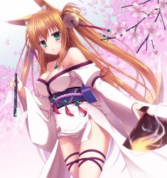 Rule 34 | 1girl, absurdres, animal ear fluff, animal ears, bell, breasts, brown hair, cherry blossoms, cleavage, cowboy shot, fire, fox ears, fox tail, green eyes, hair bell, hair ornament, hand fan, highres, japanese clothes, kimono, large breasts, long sleeves, original, solo, tail, twintails, two side up, yuzu modoki